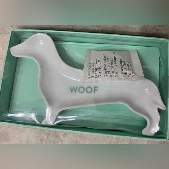 Fringe Studios Ceramic Dog Trinket Tray Tea Bag Holder “ WOOF” Dachschund New - Picture 1 of 4